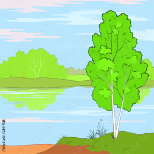 Summer Landscape  Trees  River  Flower and Blue Sky with White Clouds  Low Poly. Vector