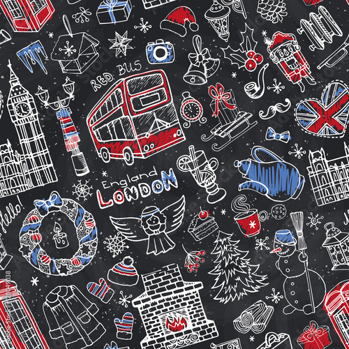 London winter seamless pattern.Christmas Doodles.Chalk