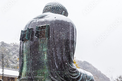 The back of Great Buddha in Kamakura.It's snowing. Located in Kamakura, Kanagawa Prefecture Japan.