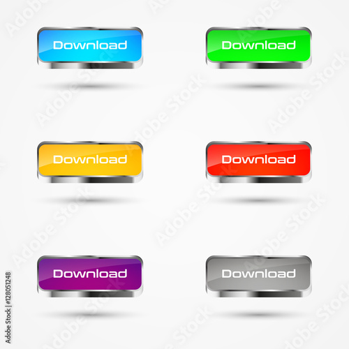 Set of colored download buttons with metal frame, vector illustration, isolated