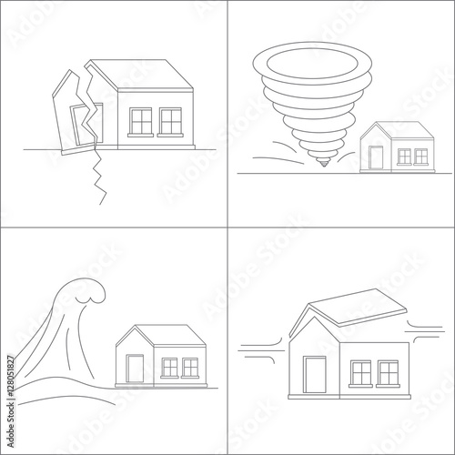 Four natural phenomena destroying homes. Katastrofa.Tornado. Tsunami. Earthquake. Hurricane winds. Vector illustration.