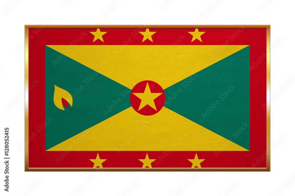 Flag of Grenada, golden frame, fabric texture Flag of Grenada, golden frame, fabric texture