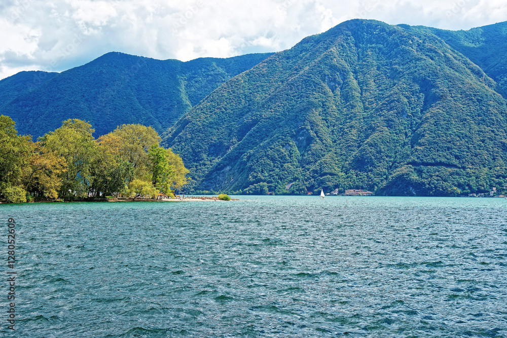 Nature of Lake Lugano and mountains in Ticino of Switzerland