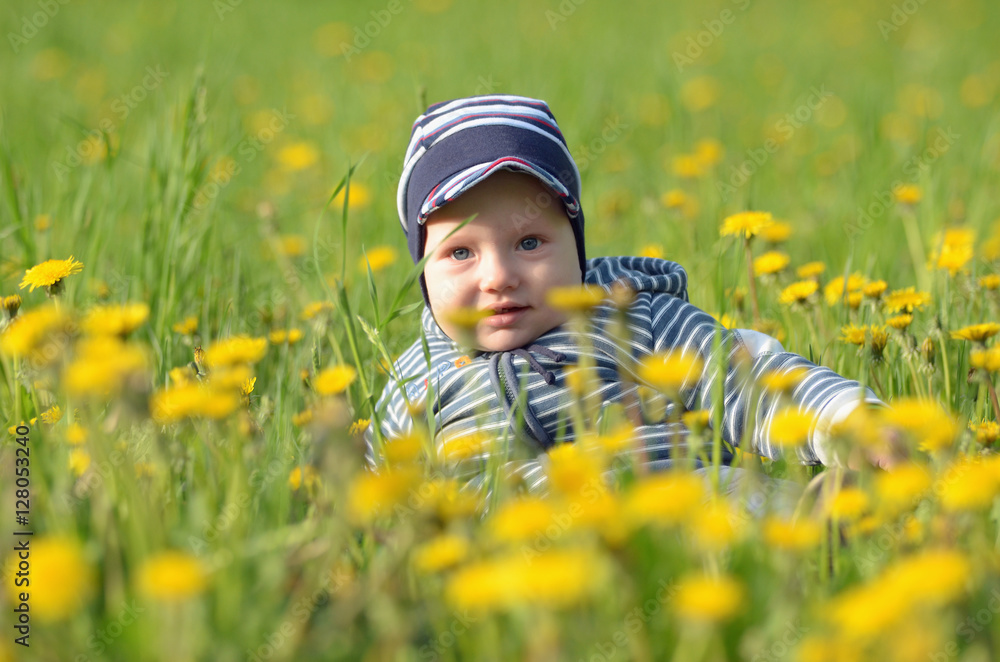 Beautiful happy little boy sitting on green meadow with yellow f Beautiful happy little boy sitting on green meadow with yellow f