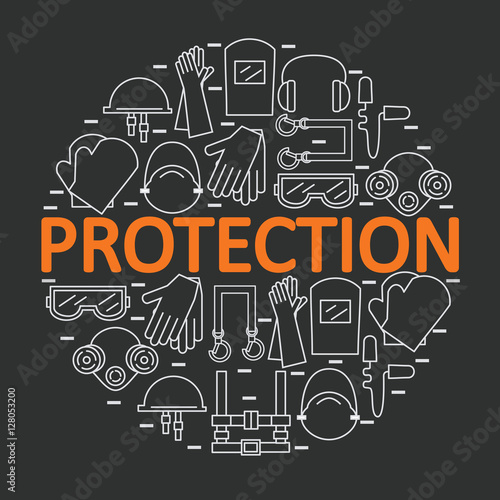 Round banner with personal protective equipment. Protection the health and the body. Vector illustration.