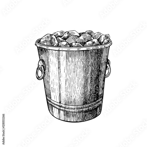 Ice bucket. Hand drawn isolated vector illustration. Jar for alcohol drink in engraved style.