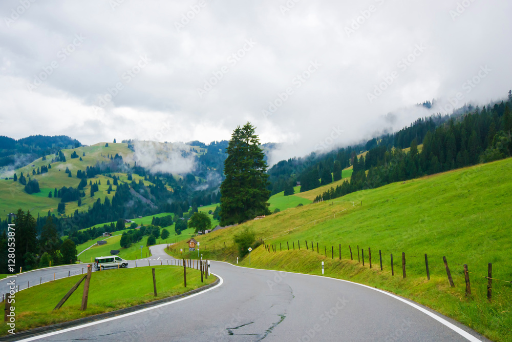 Road in Boltigen at Jaun Pass of Fribourg in Switzerland Road in Boltigen at Jaun Pass of Fribourg in Switzerland