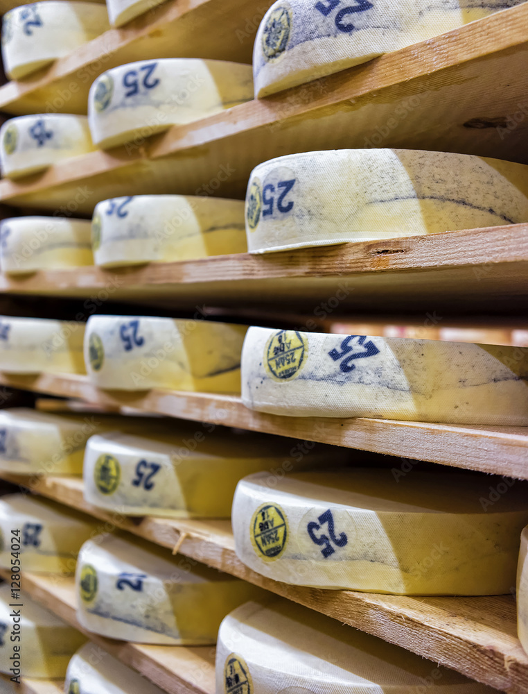 Rows of aging Cheese in maturing cellar Franche Comte Rows of aging Cheese in maturing cellar Franche Comte