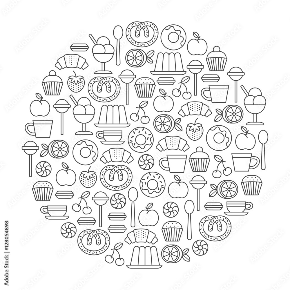 round design element with sweets and desserts icons