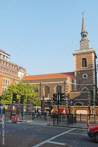 Street view on City Church in central London UK