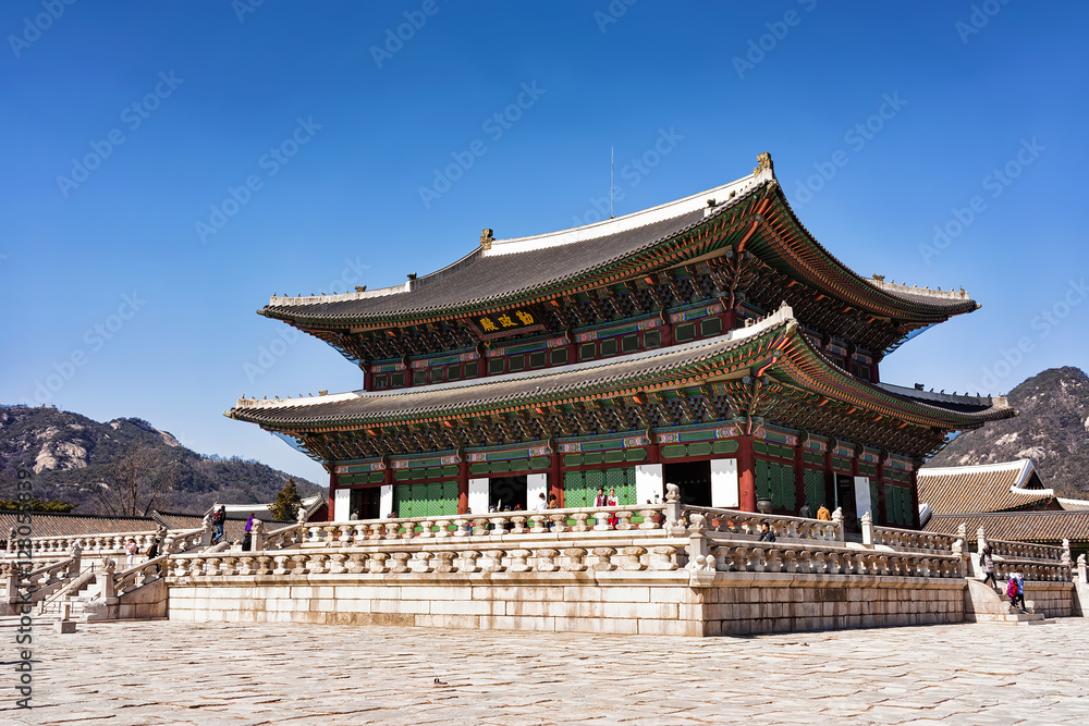 Throne Hall and people at Gyeongbokgung Palace Seoul