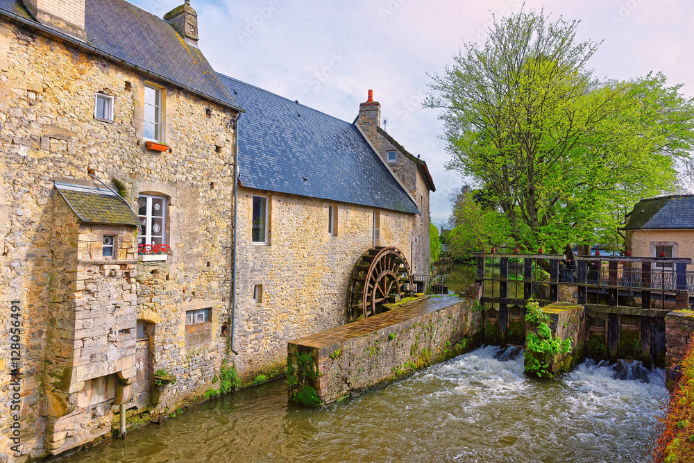 Water mill and Aure River in Bayeux at Normandy France