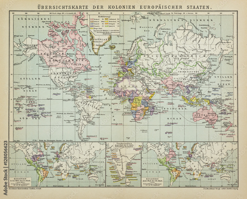 Antique map world colonies of the European states in the 19th Century, from the german Brockhaus Conversation Encyclopedia  14th edition.