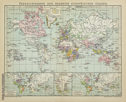 Antique map world colonies of the European states in the 19th Century, from the german Brockhaus Conversation Encyclopedia 14th edition.