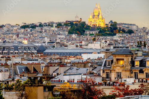 View of the Sacre Coeur Cathedral in Paris, France. Photo at sunset.