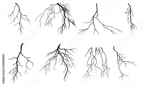 Lightning Thunder Storm Zapping Vector Silhouette Set Isolated on White Background