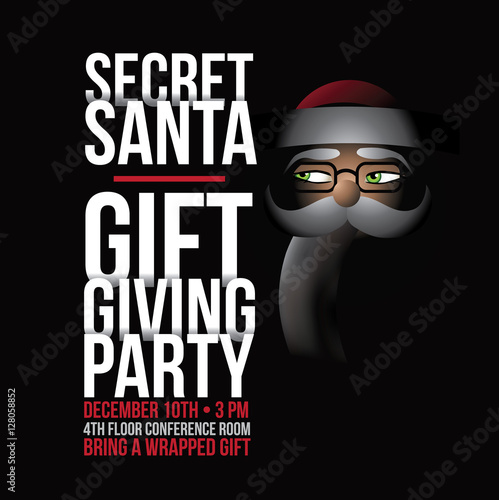 Cartoon Secret Santa invitation template with Santa Claus sneakily delivering gifts while wearing a mask. EPS 10 vector.