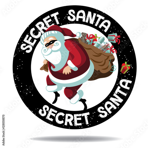 Cartoon Secret Santa icon stamp with Santa Claus sneakily delivering gifts while wearing a mask. EPS 10 vector.