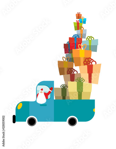 Santa truck. Car and Christmas gifts. Holiday Services  New Year