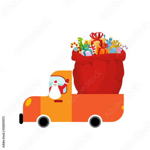 Truck Santa and red sack of gifts. Christmas car isolated. Holid