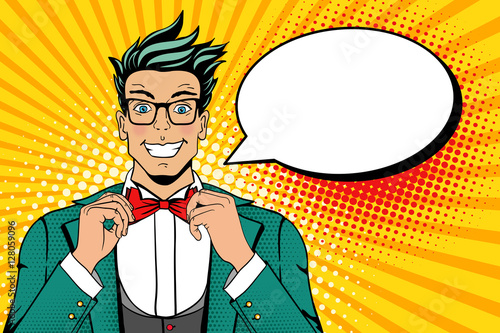 Wow pop art face. Young man in a suit and glasses with smile corrects his bow tie. Vector illustration in retro comic style. Colorful pop art background. Party invitation.