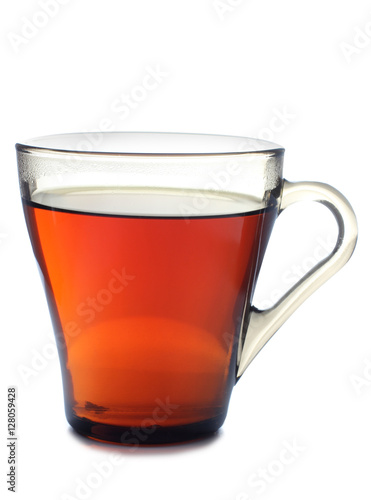 Glass cup with tea on white background