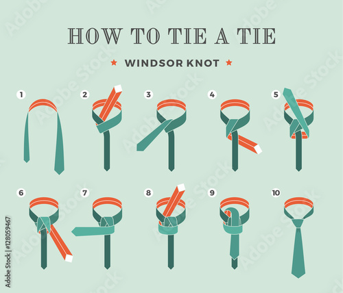Instructions on how to tie a tie on the turquoise background of the eight steps. Windsor knot . Vector Illustration.