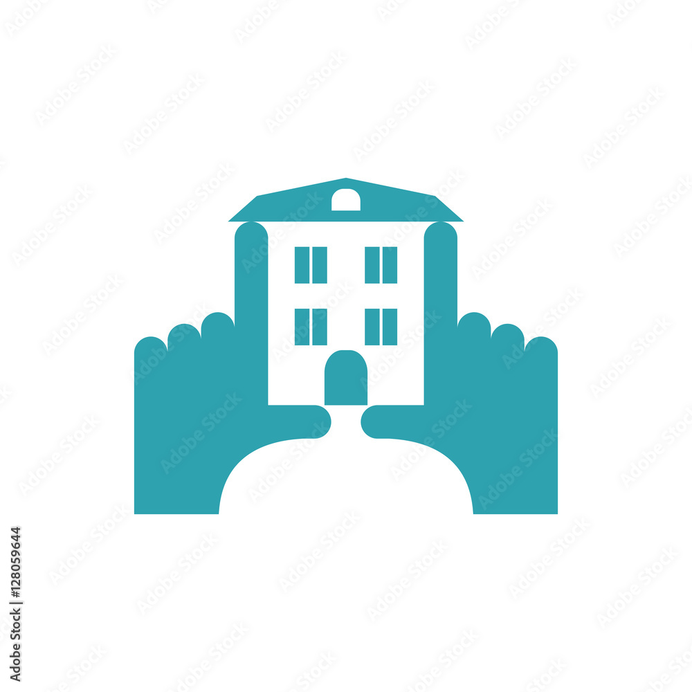 Hands and building construction logo. Pointing fingers frame. Vi Hands and building construction logo. Pointing fingers frame. Vi
