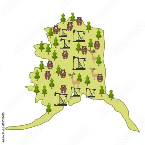 Alaska Map isolated. Moose and bear. Forest and oil rig