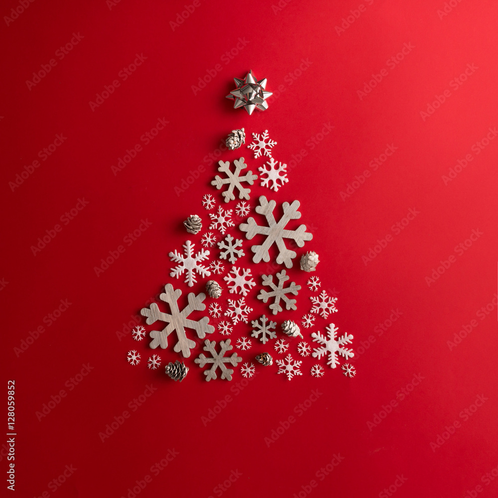 Christmas and New Years red background with Christmas Tree made