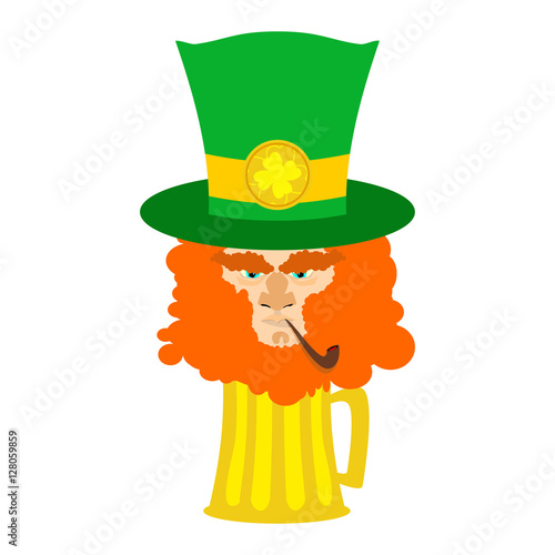 Leprechaun with red beard and beer. St. Patricks Day character. photo