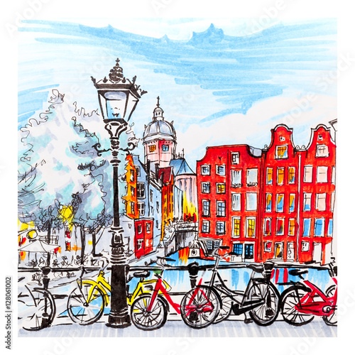 Color hand drawing, city view of Amsterdam typical houses, Holland, Netherlands. Picture made markers