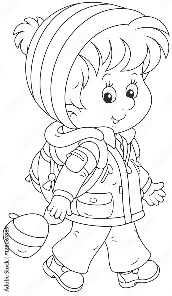 Little schoolkid in a winter jacket and a warm hat and mittens going with a schoolbag