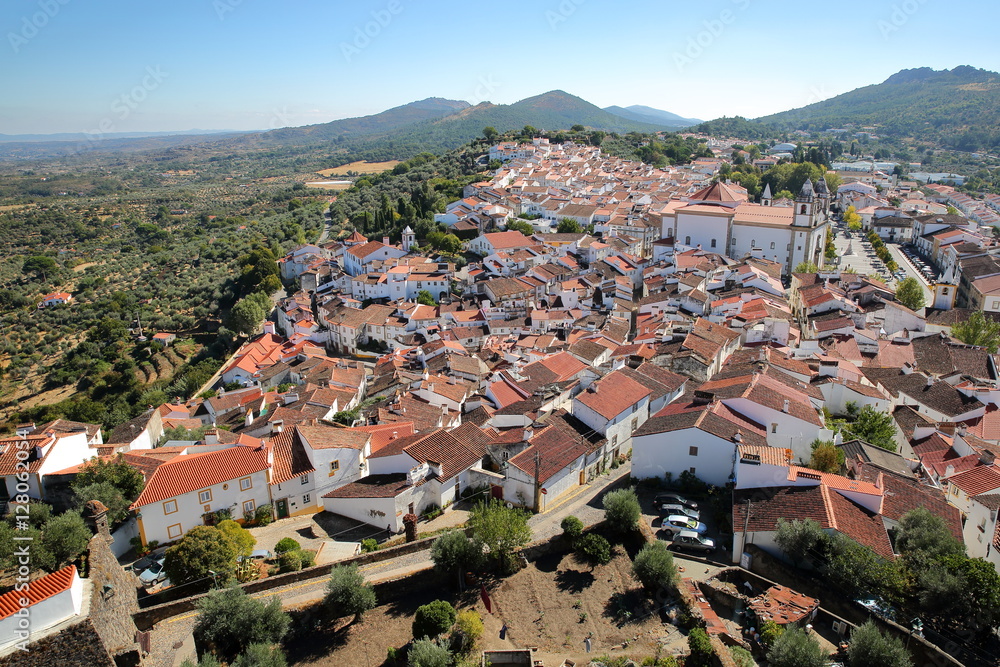 CASTELO DE VIDE, PORTUGAL: View of the Old Town with whitewashed houses and tiled roofs from the medieval castle