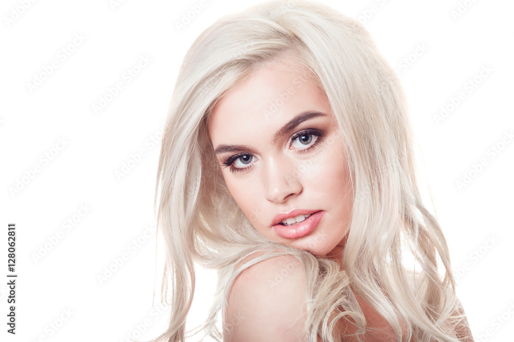 Portrait of beautiful blonde woman with makeup and styling on white background. Isolated. Bare shoulders. Portrait of beautiful blonde woman with makeup and styling on white background. Isolated. Bare shoulders.
