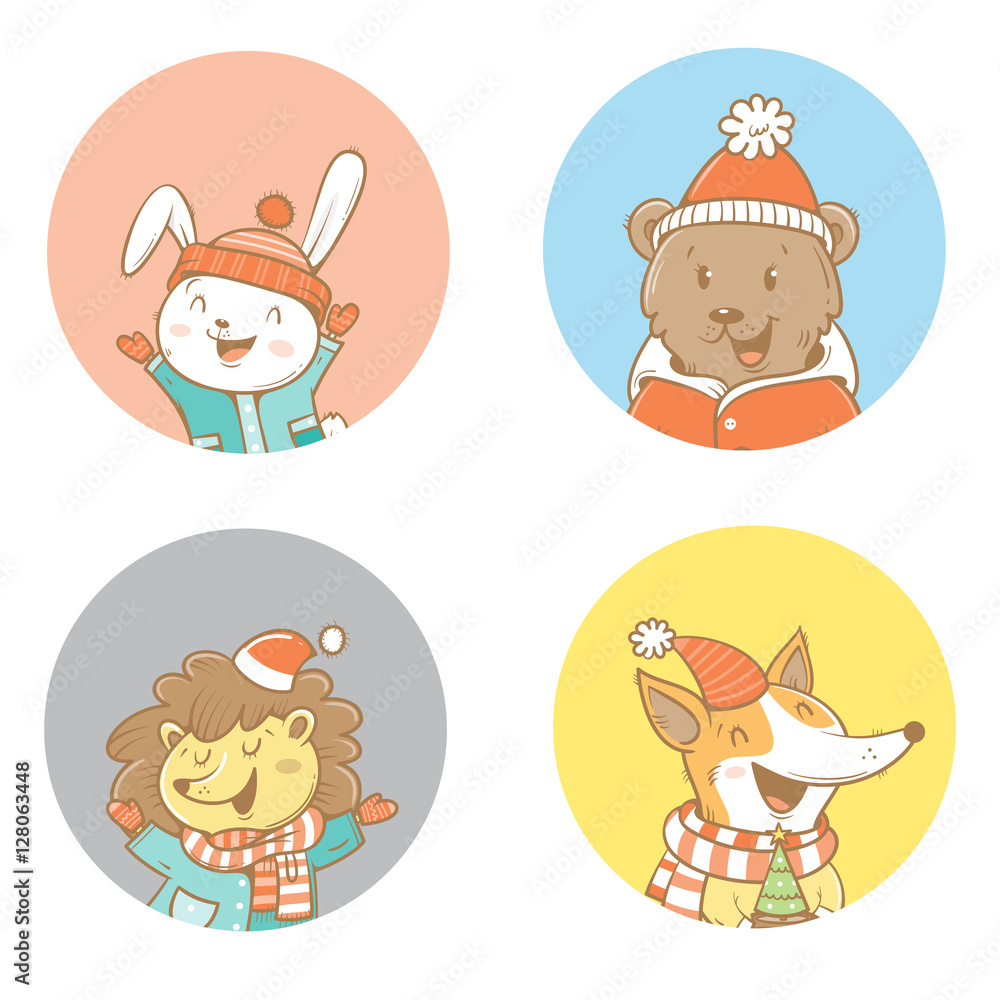 Cute cartoon animals set. Bear, fox, hare and hedgehog in clothes. Vector contour  image. Children's illustration. Winter time. Funny characters.