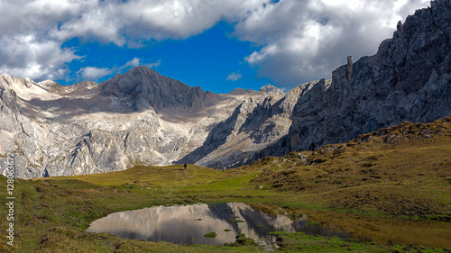 Great view of the Val di Fassa valley. National Park Dolomites  Dolomiti   pass Sella. Location famous resort Canazei  Tyrol  Alp  Italy  Europe. Dramatic and picturesque scene. Beauty world.