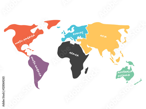 Multicolored world map divided to six continents in different colors - North America, South America, Africa, Europe, Asia and Australia Oceania. Simplified silhouette vector map with continent name