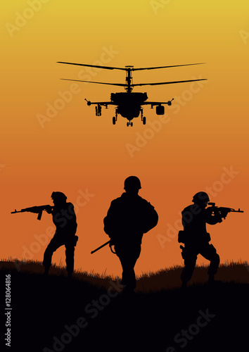 Illustration, the soldiers going to attack and helicopters.