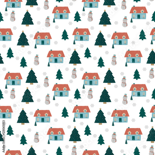 Christmas seamless pattern with snowman   trees and snowflakes.