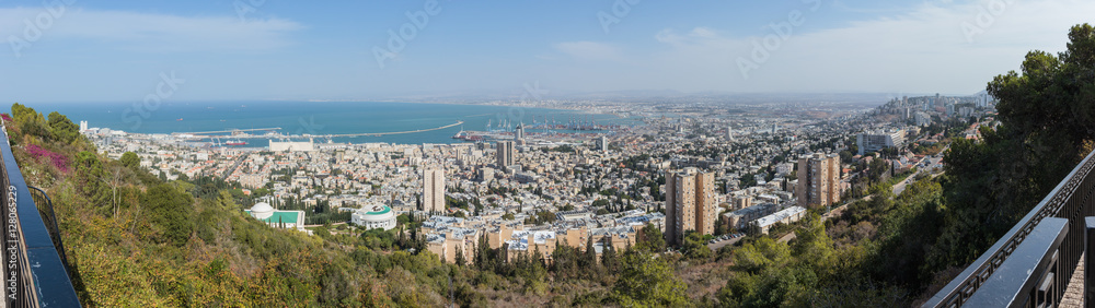 Panorama of downtown Haifa and Haifa harbor and bay