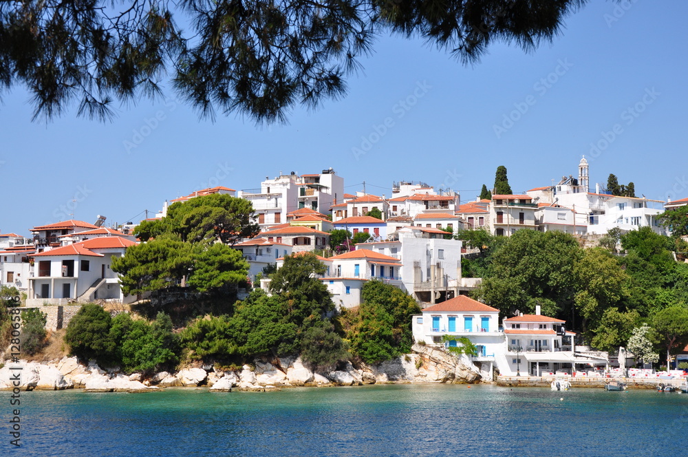 Skiathos town houses near harbour in Greece