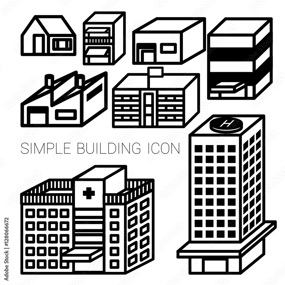 SIMPLE BUILDING ICON
Different types of building are generate in black and white line illustrations that can be used as an simple icon. 