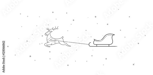 New Year. Christmas. Xmas. The deer and sleigh fly across the sky. Cartoon. Contour. Isolate. Stock vector.