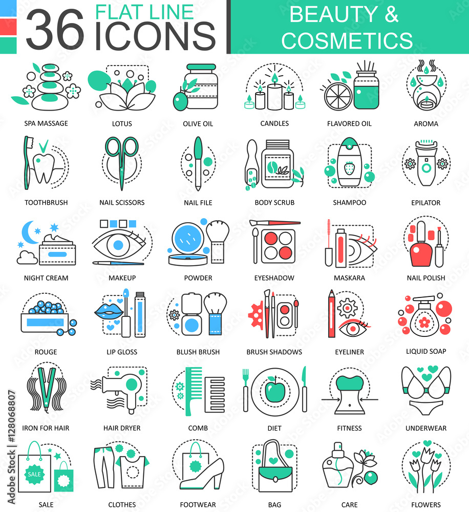 Vector Beauty cosmetics flat line outline icons for apps and web design ...