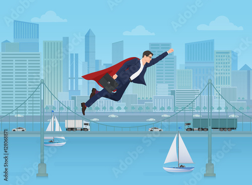 Super businessman dressed as a super hero flying over modern city landscape background. Business finance success concept, growth and determination.