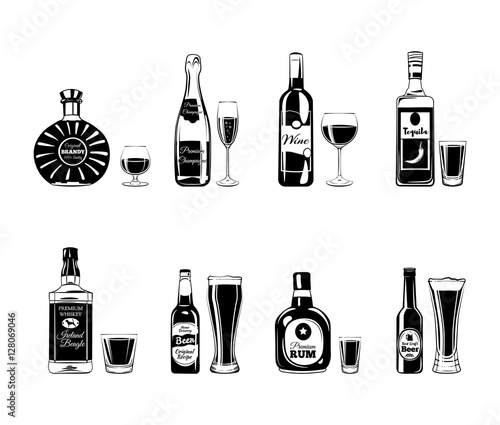 Bottle and Glasses Alcohol Elements. Tequila, Champagne, Whisky, Wine, Brandy, Beer Rum, Champagne, wine, rum, brandy, whiskey, beer, tequila. Vector Illustration