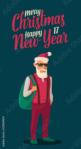 Santa Claus dressed in a trendy hipster style. Flat Vector illustration.