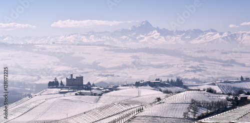 View of the Castle of Grinzane Cavour in winter with snow