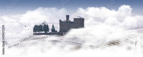 View of the Castle of Grinzane Cavour in winter with snow